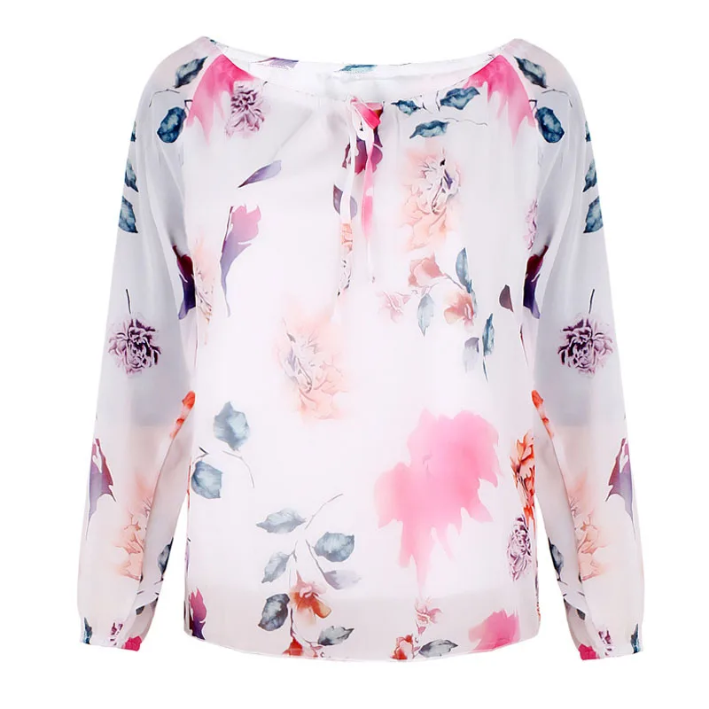 Блузки женские 2019 с открытыми плечами топ длинными рукавами и принтом шифоновые