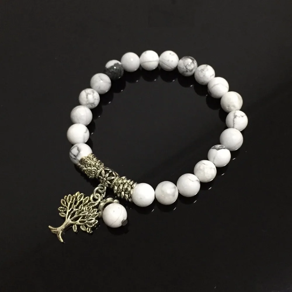 Круглый шар Mala Beads Белый Howlite камень Strecth браслеты с деревом тибетская кожа