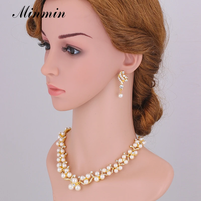 Minmin Кристалл Имитация жемчужные Свадебные украшения наборы золотого цвета