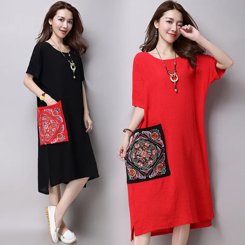 Free Shipping 2017 Summer Women Dress Chinese Style Vintage Printing Loose Natural Cotton Linen Female Elegant Party | Женская одежда