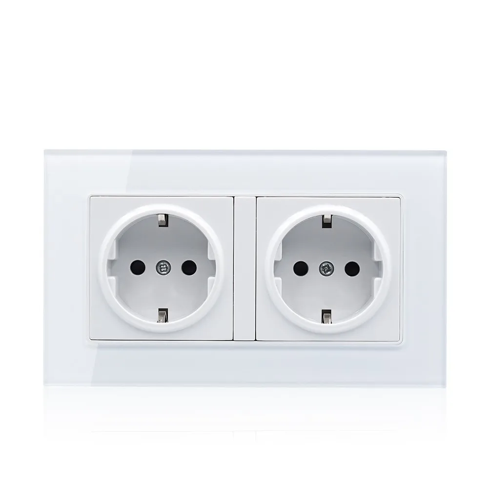 

Wall Crystal Glass Panel Power Germany Socket Grounded 16a Eu Standard Electrical Black Double Outlet 146mm * 86mm