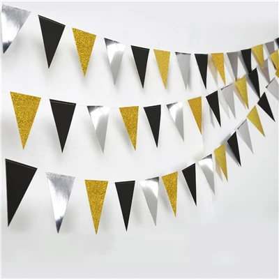 gold sliver black 4 м Великолепный золотой и серебряный черный треугольник баннер гирлянда флаг детская игрушка в ванную Выпускной церемония Свадьба День Рождения Декор - Цвет: gold sliver black