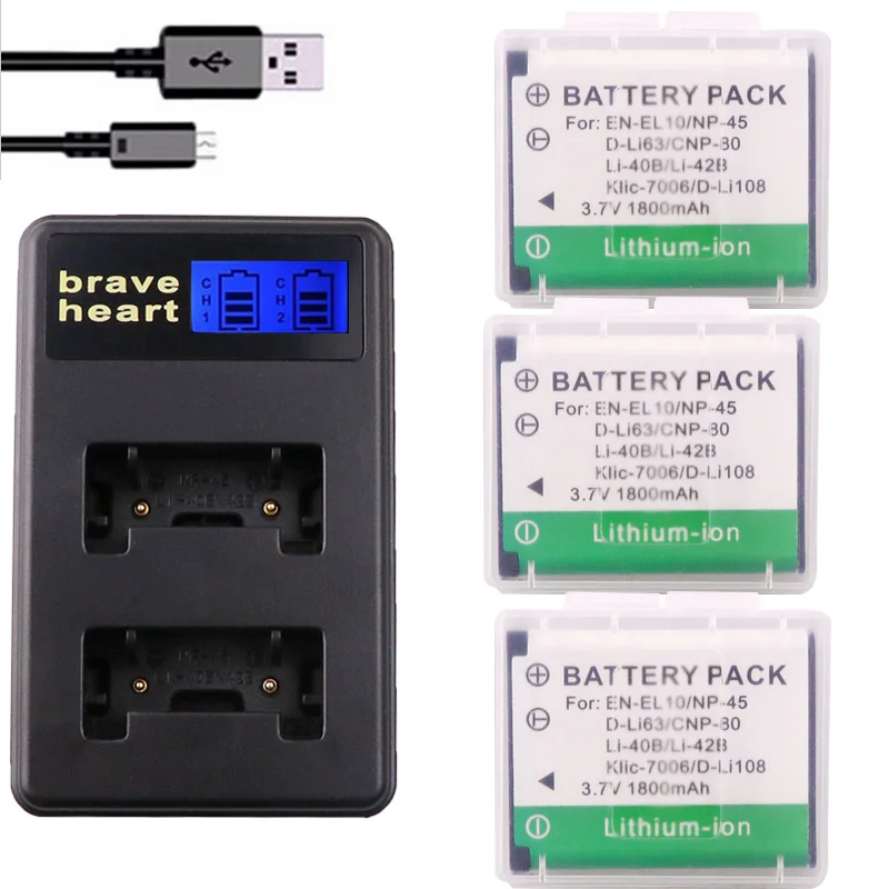 charger and 3battery Li-42B Li-40B Li ion аккумулятор 40B 42B Батарея для цифровой камеры Olympus Li-42B NP-45, для Nikon EN-EL10 D-Li63 D-Li108 NP-80 CNP80 KLIC-7006 - Color: charger and 3battery