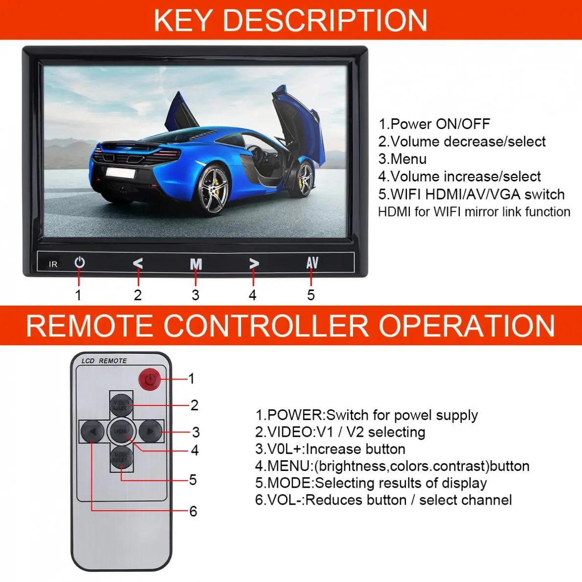 7 дюймов 16:9 1024*600 TFT LCD монитор заднего вида автомобиля 2 видео вход DVD VCD подголовник