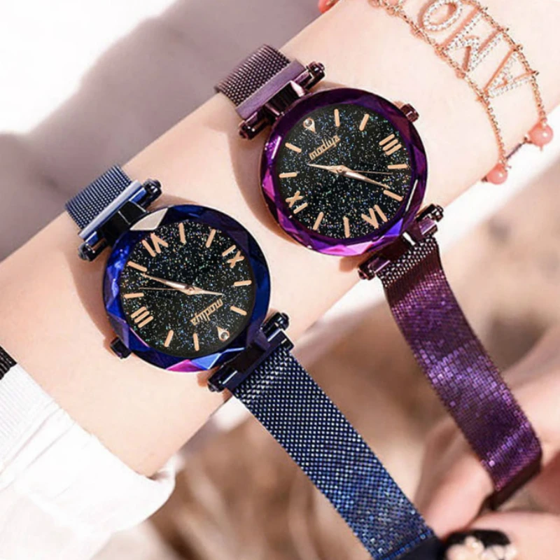 Женские кварцевые наручные часы со звёздным небом на магнитной застежке|Женские