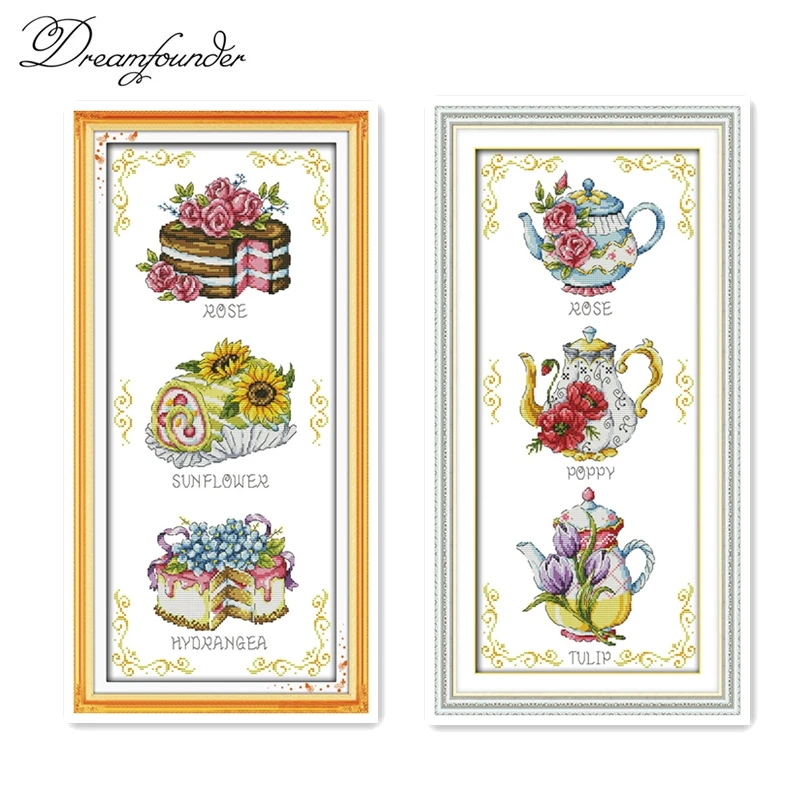 

Flower cake teapot cross stitch kit counted white canvas fabric 18ct pre printed 14ct 11ct embroidery DIY handmade needlework