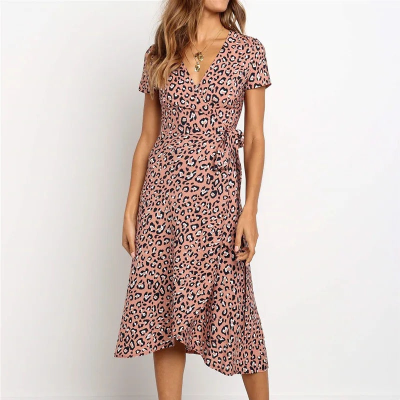 Long Dress Women Sexy Vintage Leopard V-Neck Bodycon Party Summer Elegant Chiffon Beach Casual Office Ladies Dresses | Женская одежда