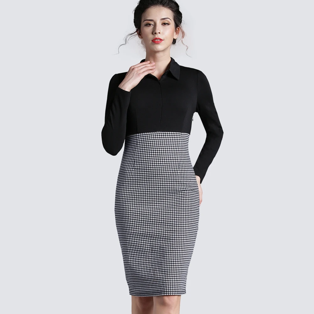 Winter черный работа лоскутная midi bodycon повязку женская офис С Длинным Рукавом