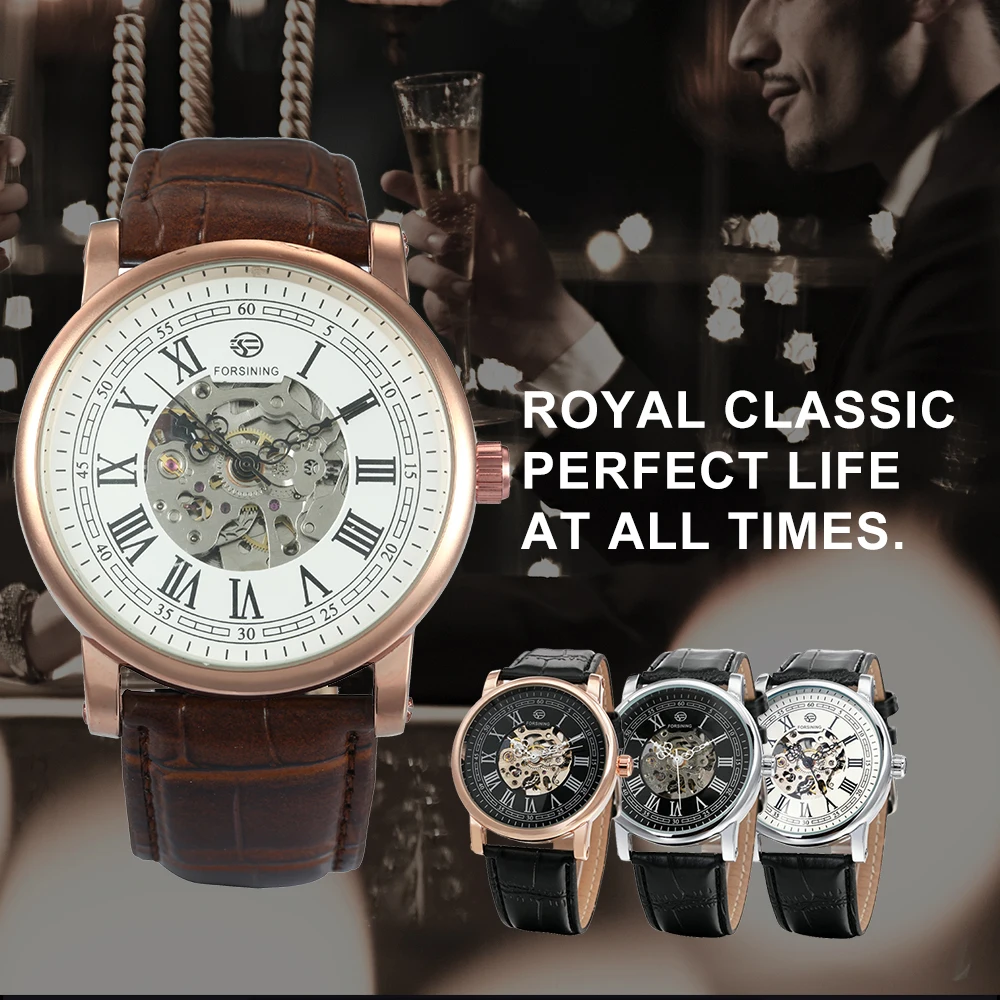 2019 Fashion Business Men Mechanical Wrist Watches Soft Leather Strap New Male Skeleton Automatic Roman Numerals + BOX | Наручные часы