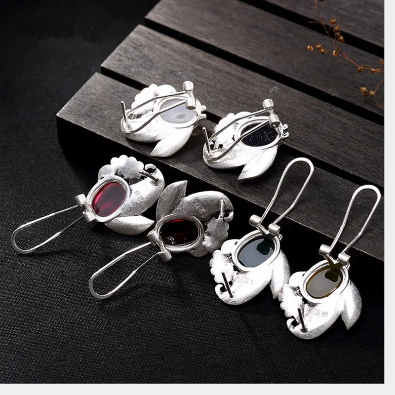 

Uglyless Real 999 Silver Fine Jewelry Luxury Women Natural Chalcedony Dress Studs Earrings Handmade Leaves Bijoux Flower Brincos