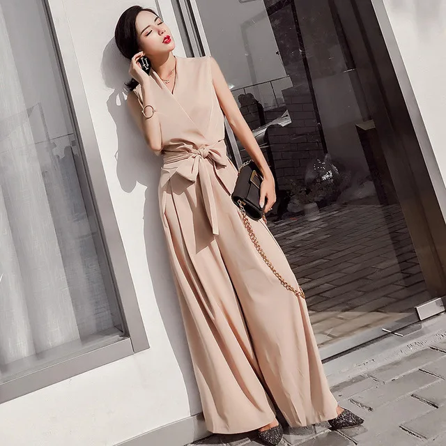 

Women's Jumpsuits 2019 New V-collar Loose Sleeveless All-match Vocational Holiday High Waist Bodysuits with Broad-legged Pants
