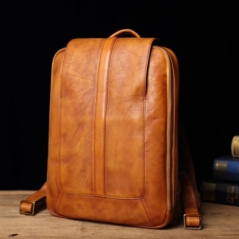 Brown Small HANSOMFY, мужской рюкзак из натуральной кожи, Повседневный, 14 дюймов, 15,6 дюймов, сумка для ноутбука, Ретро стиль, деловая мужская сумка, винтажная, Школьная, дорожная, Наплечная Сумка - Цвет: Brown Small