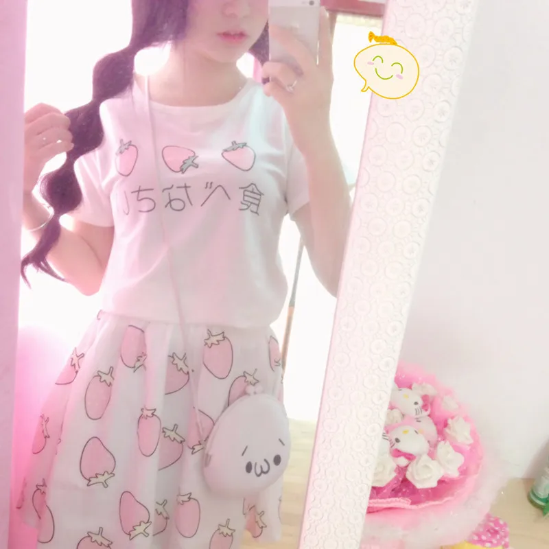 2016 летние японские HARAJUKU яйца клубника печатные футболка Kawaii женские с коротким