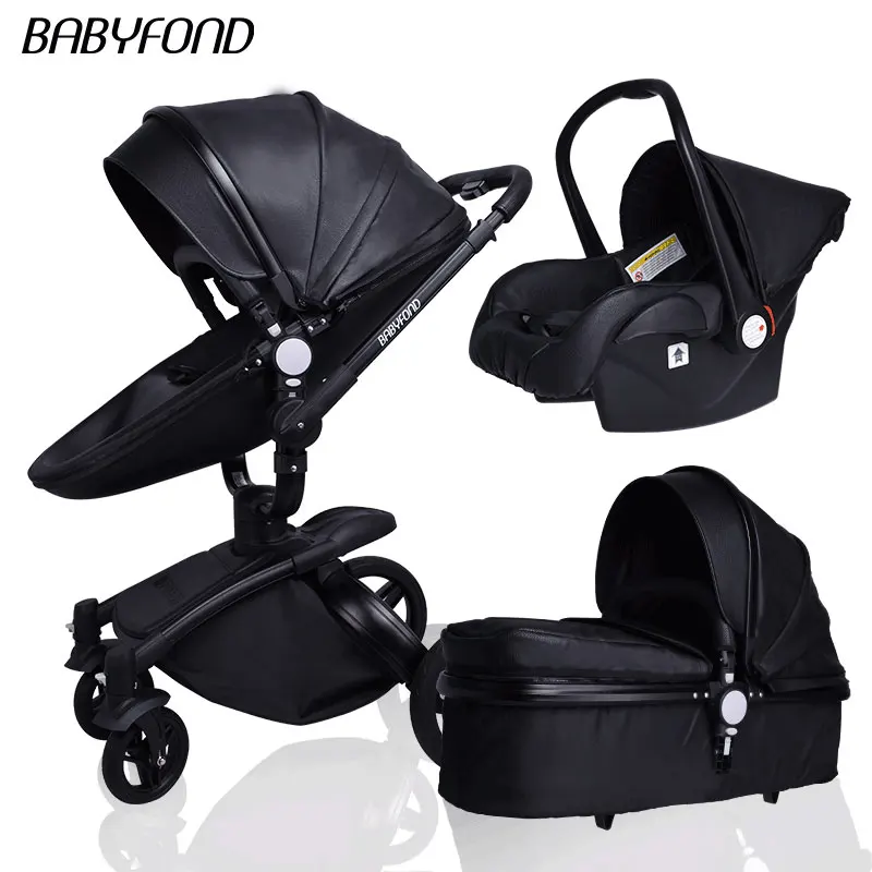 Babyfond, детская коляска, 3 в 1, детская коляска, кожаная, Двусторонняя подвеска, складная, на колесиках, европейская детская коляска, подарок ALUON - Цвет: black