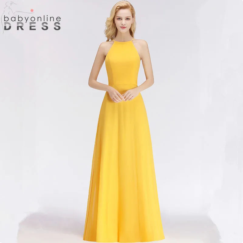 

Vestido de Festa Elegant Yellow Chiffon Long Evening Dress Charming Halter Neck Evening Party Dresses Robe De Soiree Longue