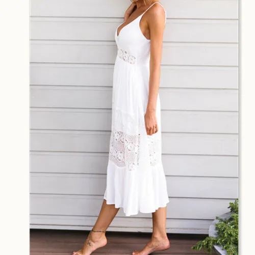 

White Strap Dresses HOT Women Summer Casual White Sleeveless V-Neck High Waist Hollow Out Loose Maxi Dresses