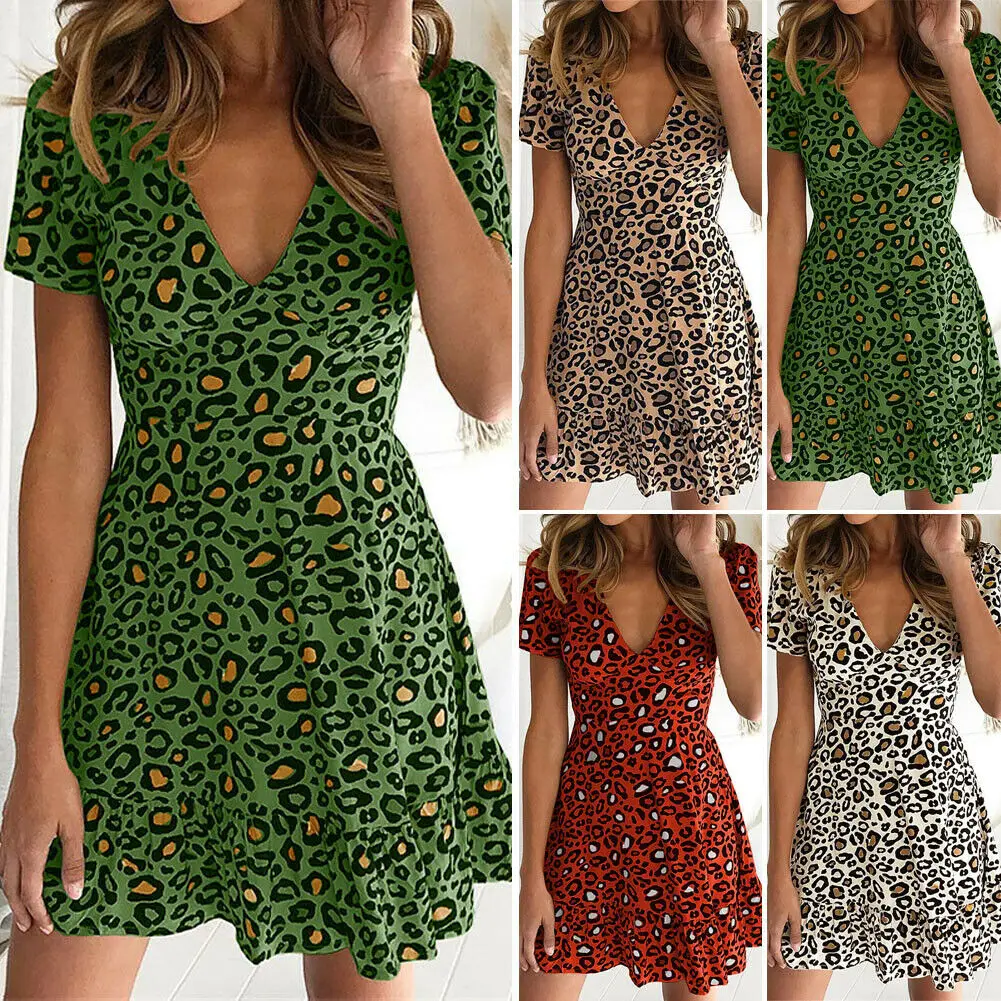 Женское платье-мини Thefound леопардовое платье с треугольным вырезом и леопардовым