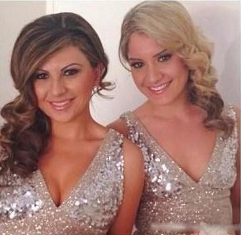 Длинные шифоновые вечерние платья с блестками и V образным вырезом|Платья