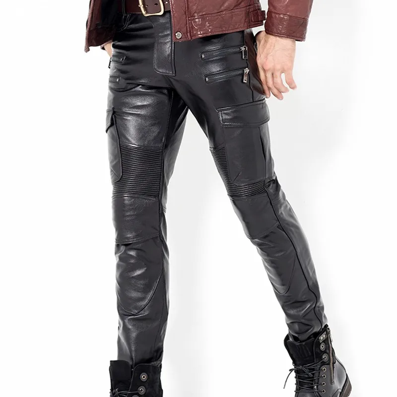 Модные мужские кожаные брюки новые панковские облегающие из натуральной кожи
