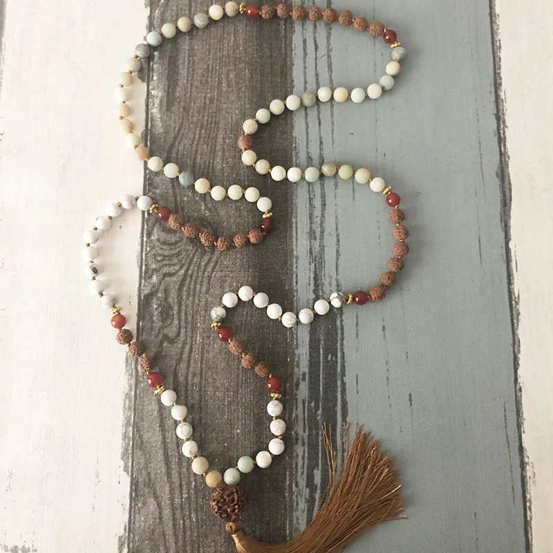 Уникальное ожерелье с камнями цепочка из бисера Howlite Amazonite Carnelian 108 Mala Молитвенное