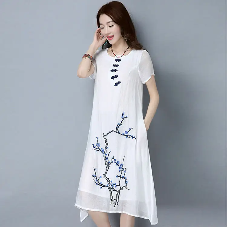 2017 New Style Summer Dress Women Chinese Retro Button Short Sleeve Fashion Girl National Wind Embroider Loose | Женская одежда