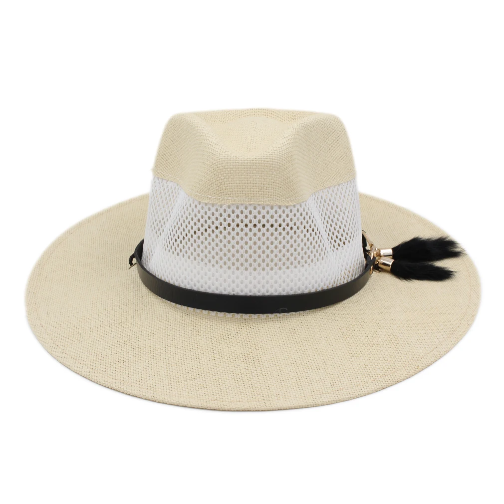 

Mistdawn Women's Summer Mesh Panama Hat Big Flat Brim Beach Sun Straw Fedora Cap w/ Feather Tail Leather Band