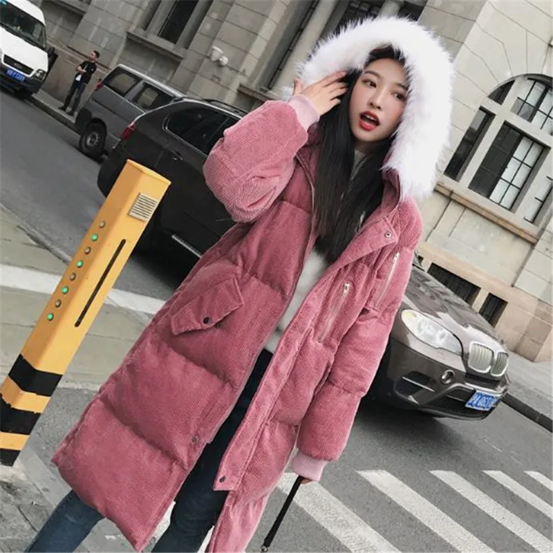New High Quality Corduroy Hooded Coat Womens Winter Cotton Padded Jacket Warm parka long Loose end Student Outerwear A0804 | Женская