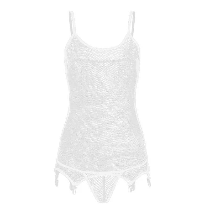 White 2Pcs Sexy Women Fishnet Lingerie Spaghetti Shoulder Straps Corset with Suspenders Clips Stockings Teddy Bodysuit with Briefs - Цвет: White