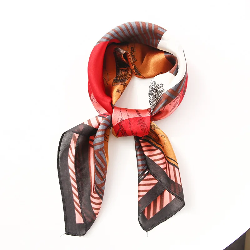 

Yishine 70*70 CM 4 Colors Retro Silk Scarf Carriage Trees Printed Women Shawl Satin Small Squares Head Bag Decorative Scarves