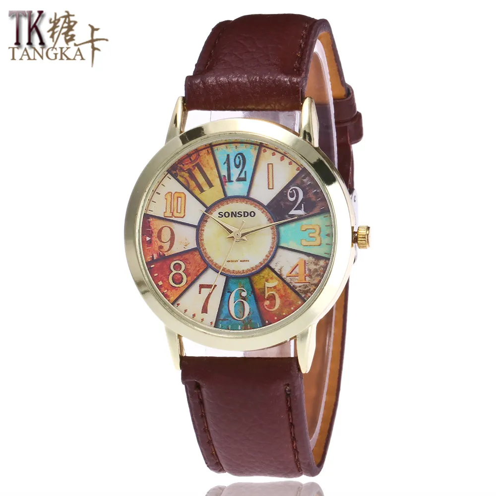 THANGKA новые женские часы сплошной цвет кожаный ремешок Ретро стиль цифровой