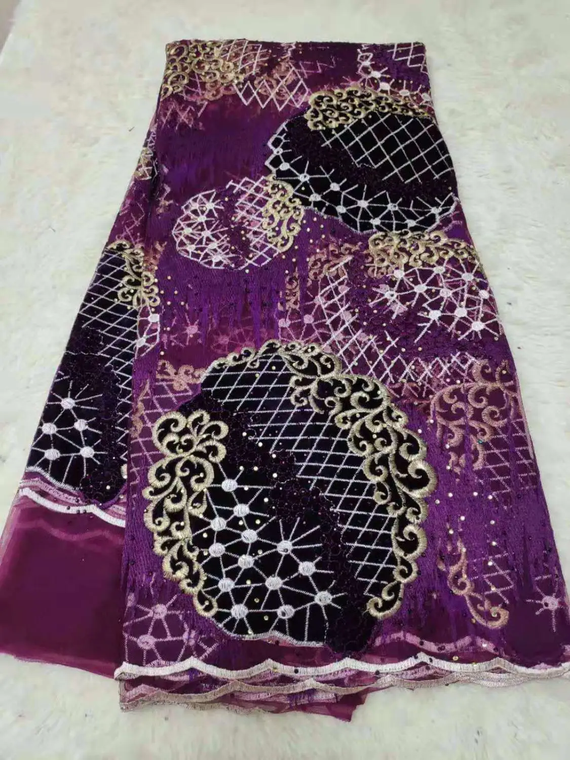 New design velvet ring with rhinestones African lace fabric flat embroidery French net Nigerian suitable for wedding dresse | Дом и сад