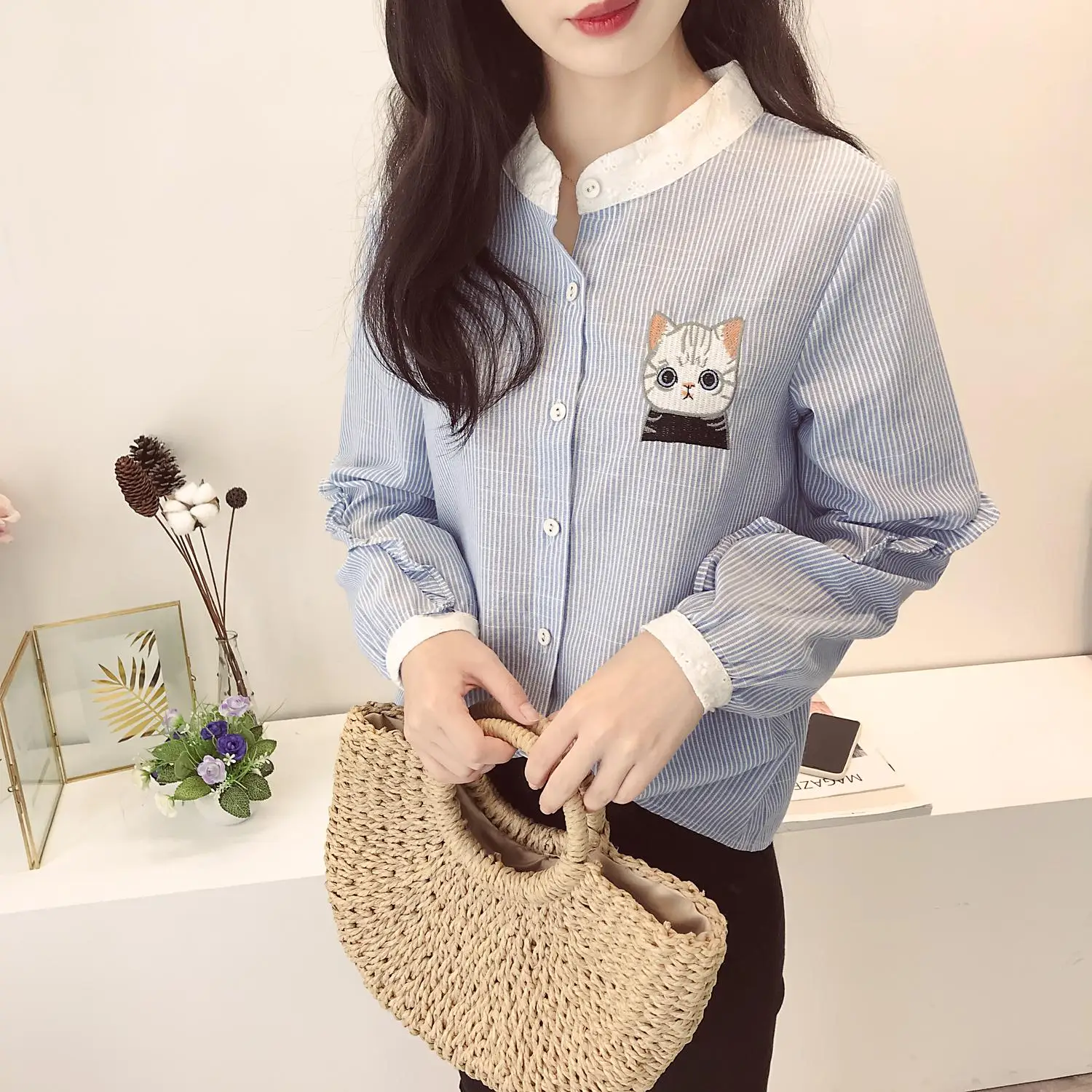 Blusas Femininas Новинка весны кошка вышивка полосатая блузка Для женщин с длинными