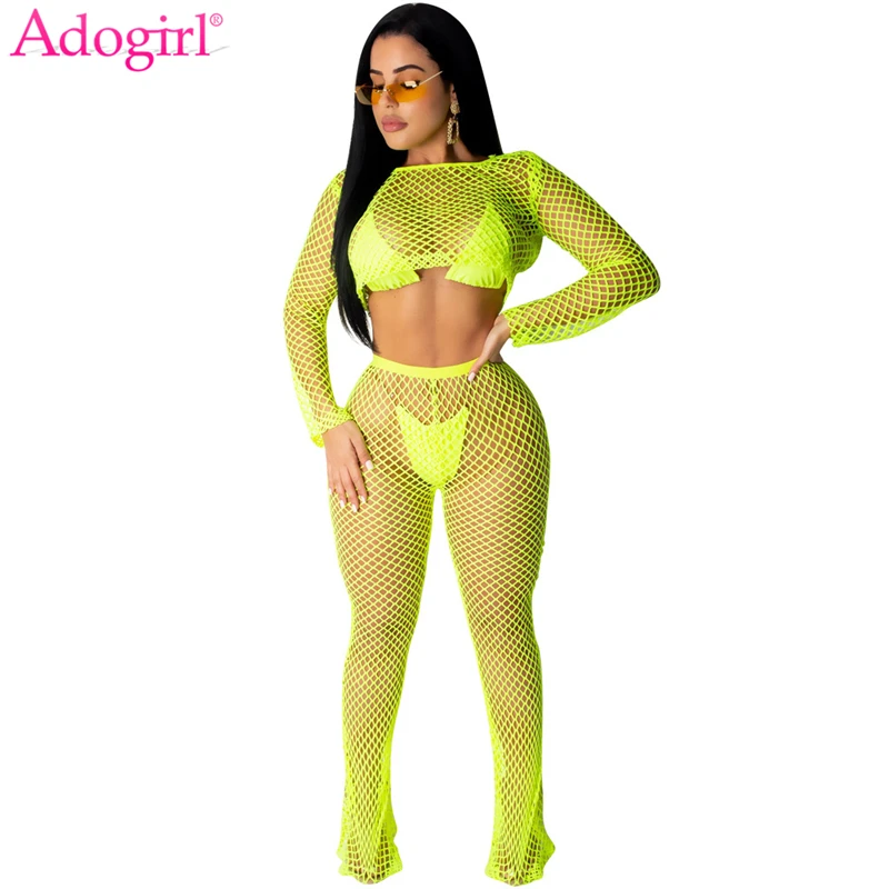 

Adogirl Solid Fishnet Two Piece Set Women Summer Beach Suit Long Sleeve Crop Top + Straight Pants Sexy Club Outfits Tracksuit