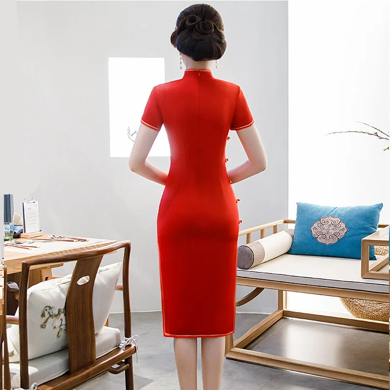 

Sexy Knee Length Cheongsam 2019 Summer Vintage Chinese style Dress Fashion Womens Rayon Qipao Slim Party Dresses Button Vestido