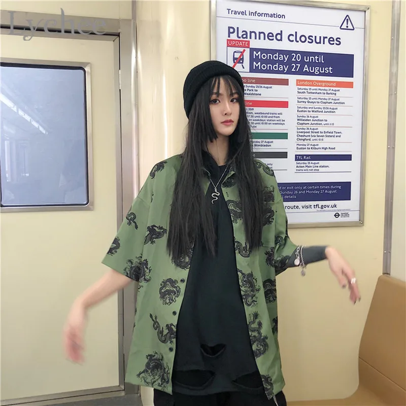 Lychee Harajuku с принтом дракона, женская рубашка, блузка, Темный Короткий рукав, отложной воротник, свободные летние зеленые женские рубашки, блузки