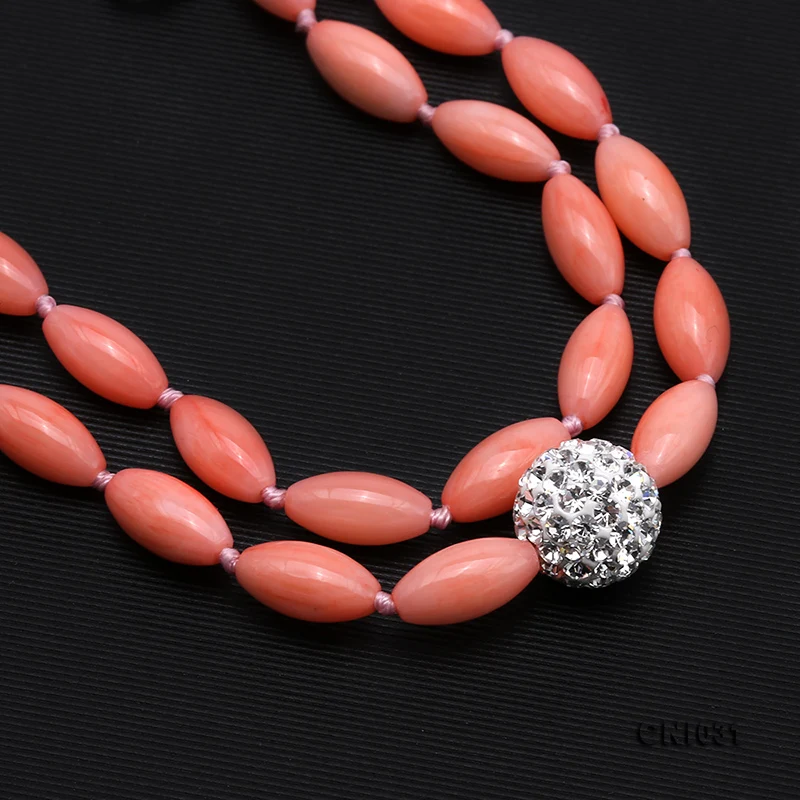 

JYX New 2019 Coral Necklace 5-5.5mm Rice-shaped Pink Coral Single-strand Necklace With Czech Rhinestone Pendnat 18" women