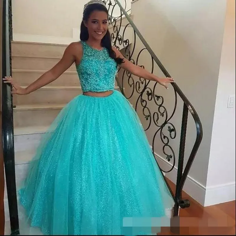 Бальное платье Пышное длинное кружевное Baeded Двойка платье 15 сладкий 16 Quinceanera Пром вечерние платье для 15 лет