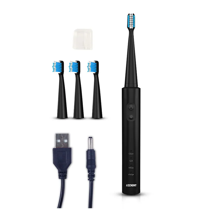 Black toothbrush AZDENT Горячая Мода AZ-1 Pro электрическая звуковая зубная щетка USB зарядное устройство перезаряжаемый зуб с 4 головками зубная щетка водонепроницаемый - Цвет: Black toothbrush