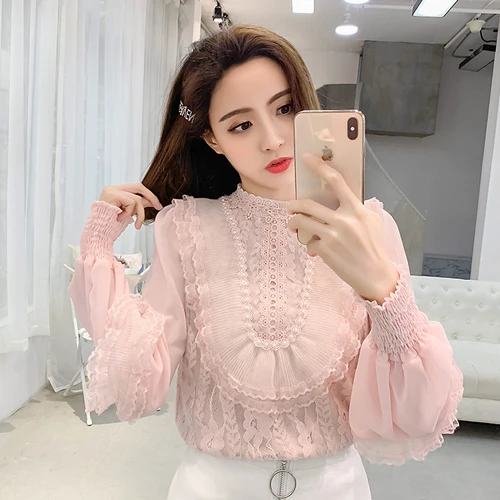 Женская кружевная блузка с длинным рукавом шифоновая бисером в Корейском стиле