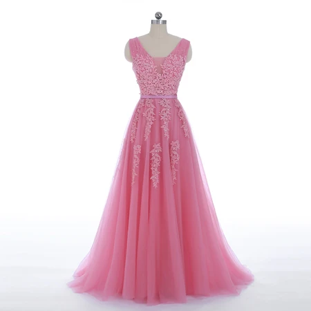 Vestido de festa Новое поступление Robe De Soiree v-образный вырез с кружевной аппликацией длинные тюлевые вечерние платья розовый темно-синий серый - Цвет: Flesh pink