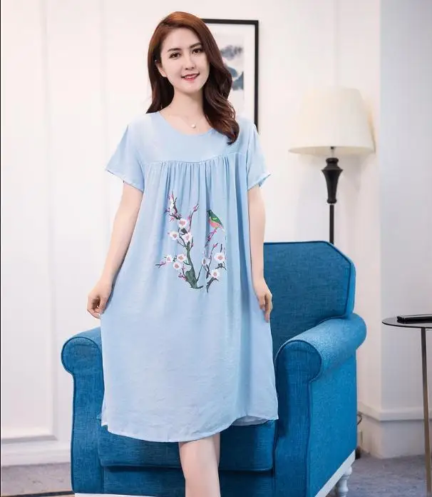 light blue 1 Летние новые женские пижамы с круглым вырезом удобные с короткими рукавами ночная рубашка Свободные хлопчатобумажные рубашки пижамы плюс размер - Цвет: light blue 1
