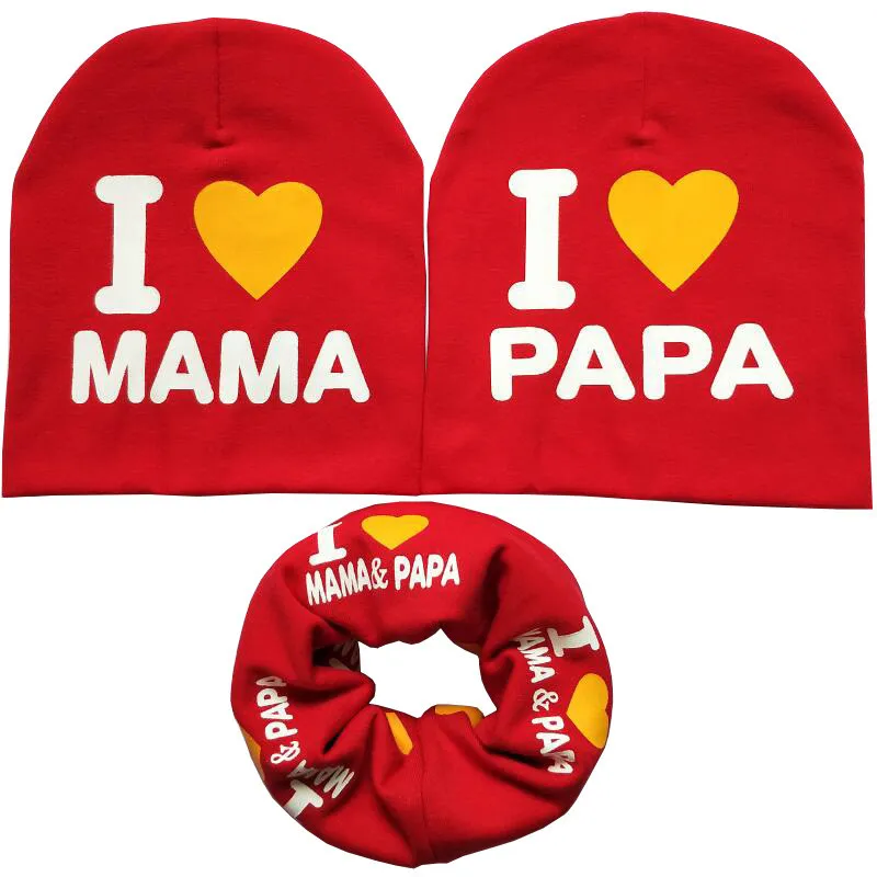 Red 3pcs one set Детские шапки на весну и осень, детская трикотажная шапка, теплая хлопковая шапочка с принтом «I LOVE PAPA MAMA», детские шапки для девочек, шапки для мальчиков - Цвет: Red 3pcs one set