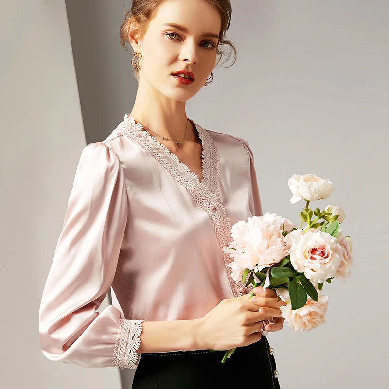 Женская рубашка Весна Осень блузка женская винтажная шелковая атласные женские