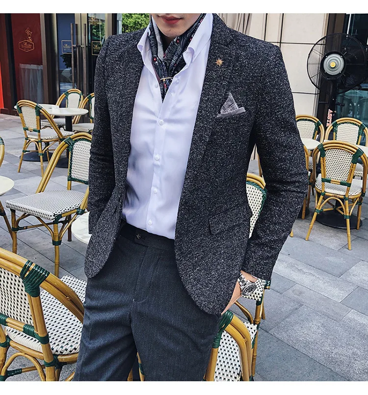 Мужской твидовый Блейзер осень зима блейзер masculino slim fit повседневные мужские спортивные пиджаки hombre invierno ho Мужской Блейзер черный синий коричневый
