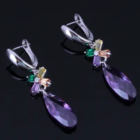 prominent long water drop multigem multicolor brown cubic zirconia silver plated drop dangle earrings v1010