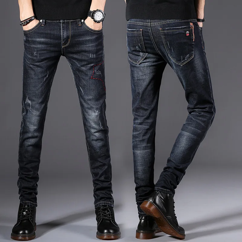 Fashion Men's Jeans Pants Stretch Dark Blue Skinny For Men Casual Slim Fit Denim Korean Style Male Trousers | Мужская одежда