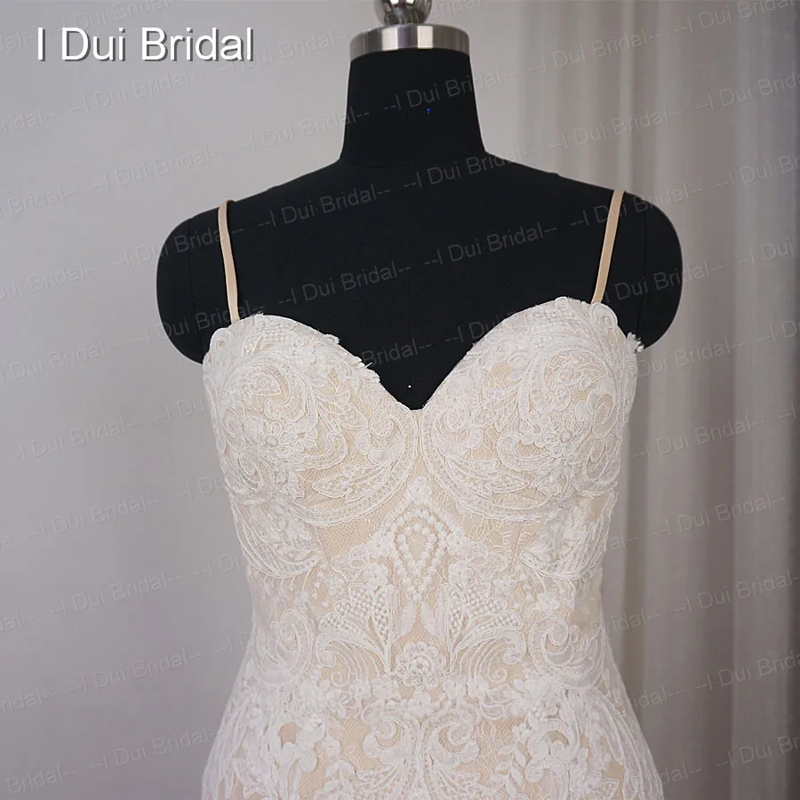 Sheath Wedding Dress with Champagne Lining Detachable Spaghetti Strap Detachable Tulle Out Skirt