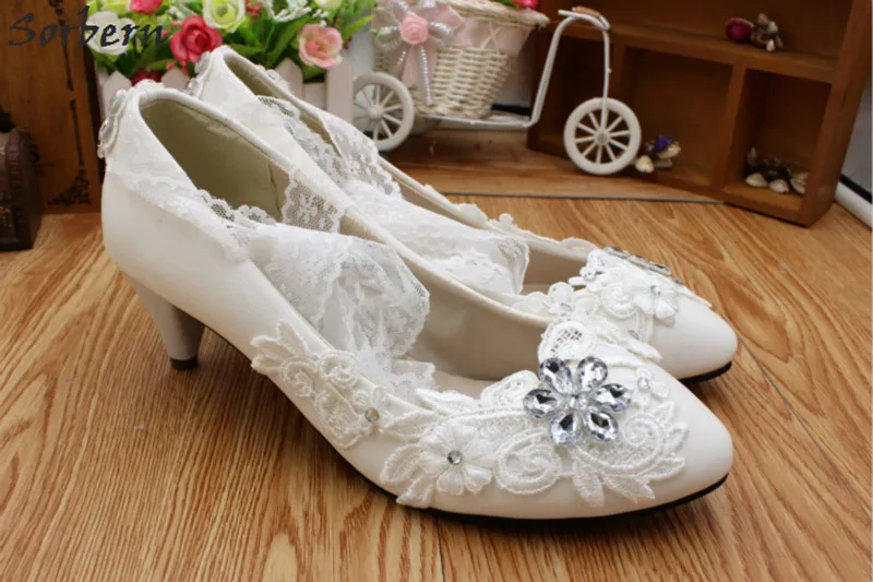 Sorbern Lace Ankle Straps Round Toe Low Heel Wedding Woman Shoe White Bridal Shoes Maid Of Honor Girls Cheap Fenty | Обувь