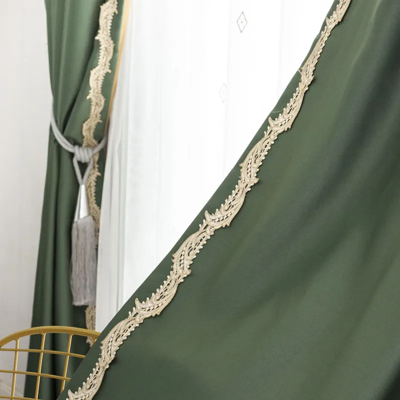 New Arrival Chinese Style Luxury Faux Silk Dark Green Window Curtains for Living Room Bedroom Embroidery Lace Drape