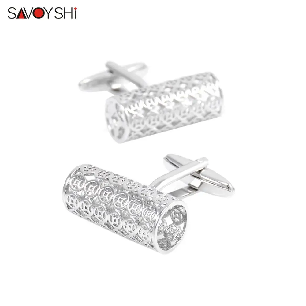 Cufflinks SAVOYSHI полый узор цилиндрической формы запонки мужские рубашки запонки брендовые серебряные запонки высококачественные ювелирные изделия - Окраска металла: Cufflinks